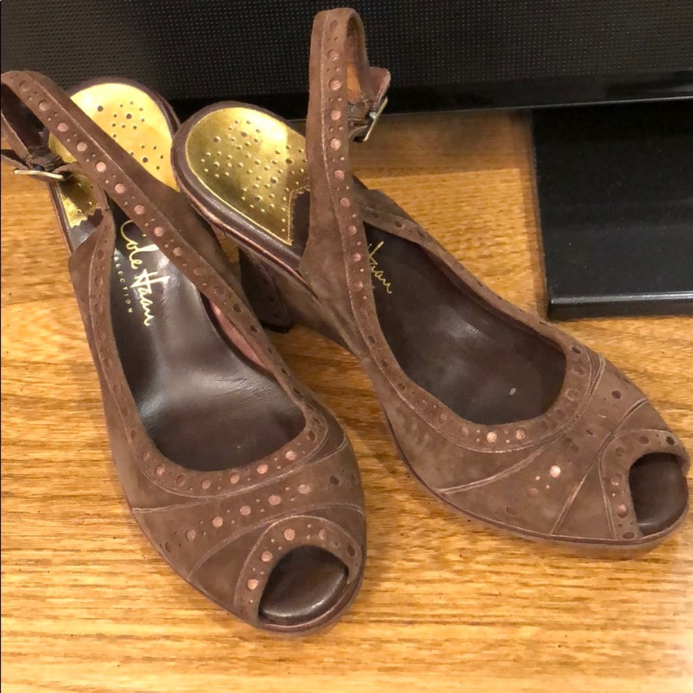 Cole Haan brown suede peep toe wedges